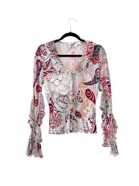 Vintage Y2K Beaded Ruffle Blouse Boho Whimsy Fairy Mermaidcore M
